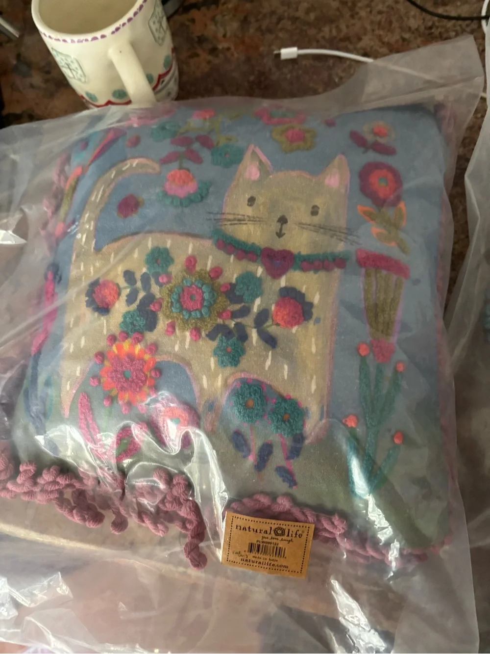 Natural Life NWT Decorative Embroidered Cat Throw Pillow
